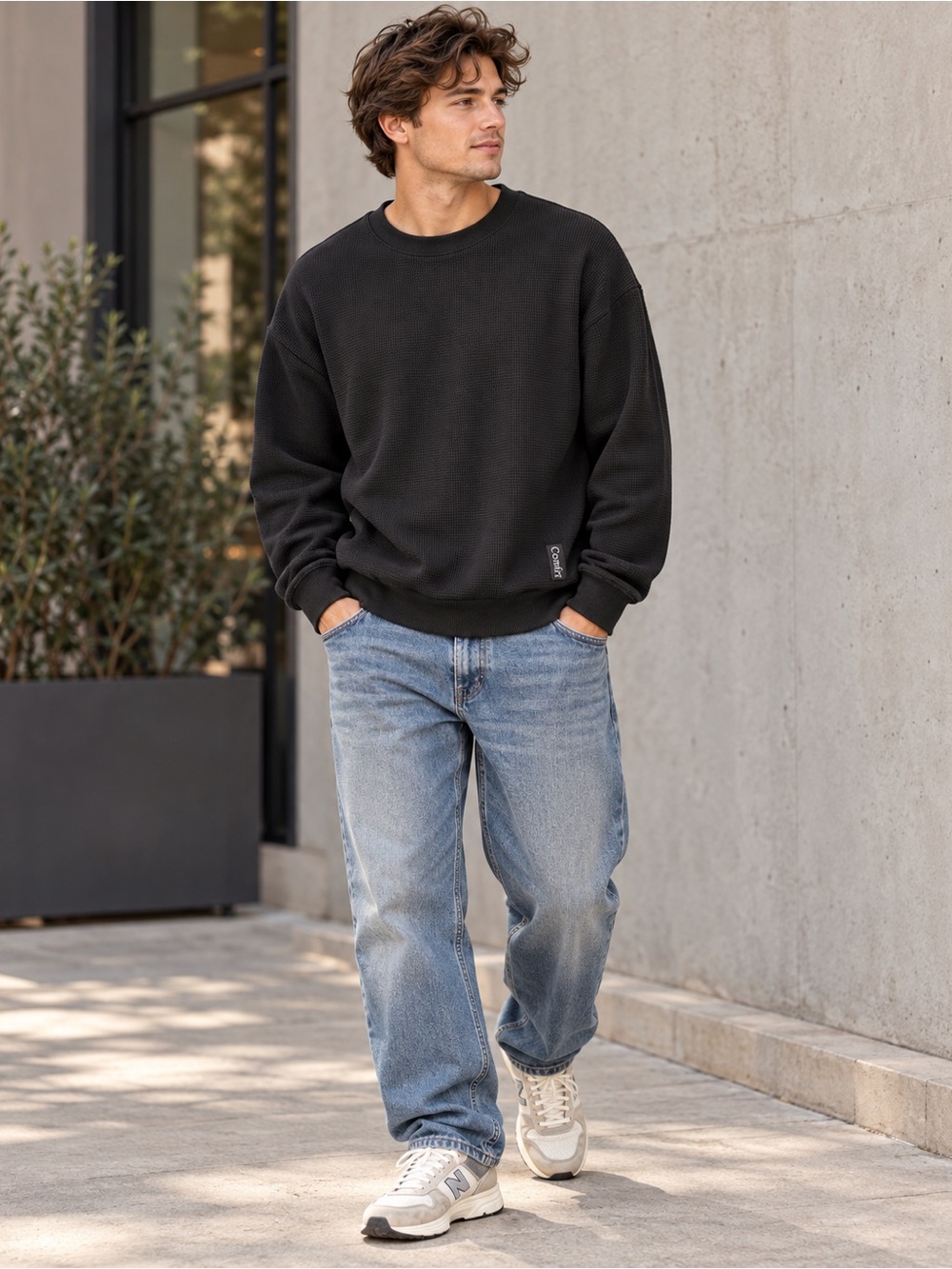 Comfrt Black Waffle Knit Oversized Crewneck Sweatshirt Men's Large